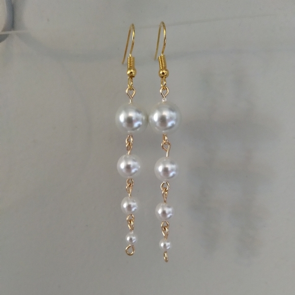 White Glass Faux Pearl Descending Four Tier Dangle Hook Linear Earrings Handmade - Picture 7 of 10